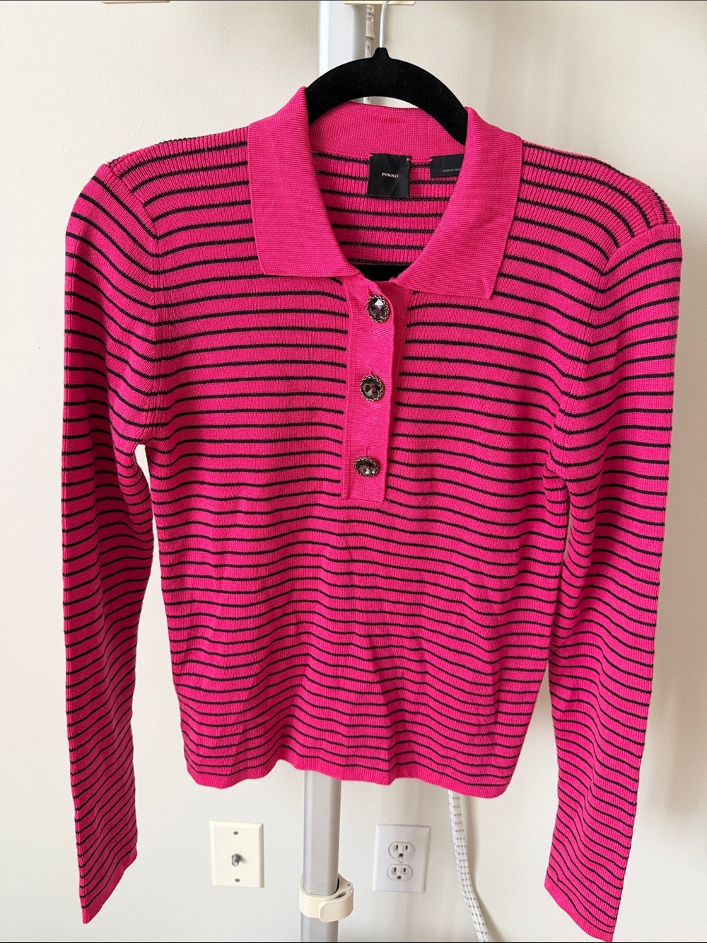 NWT Pinko Women's wool blend Fuchsia Stripe Polo Sweater, size M